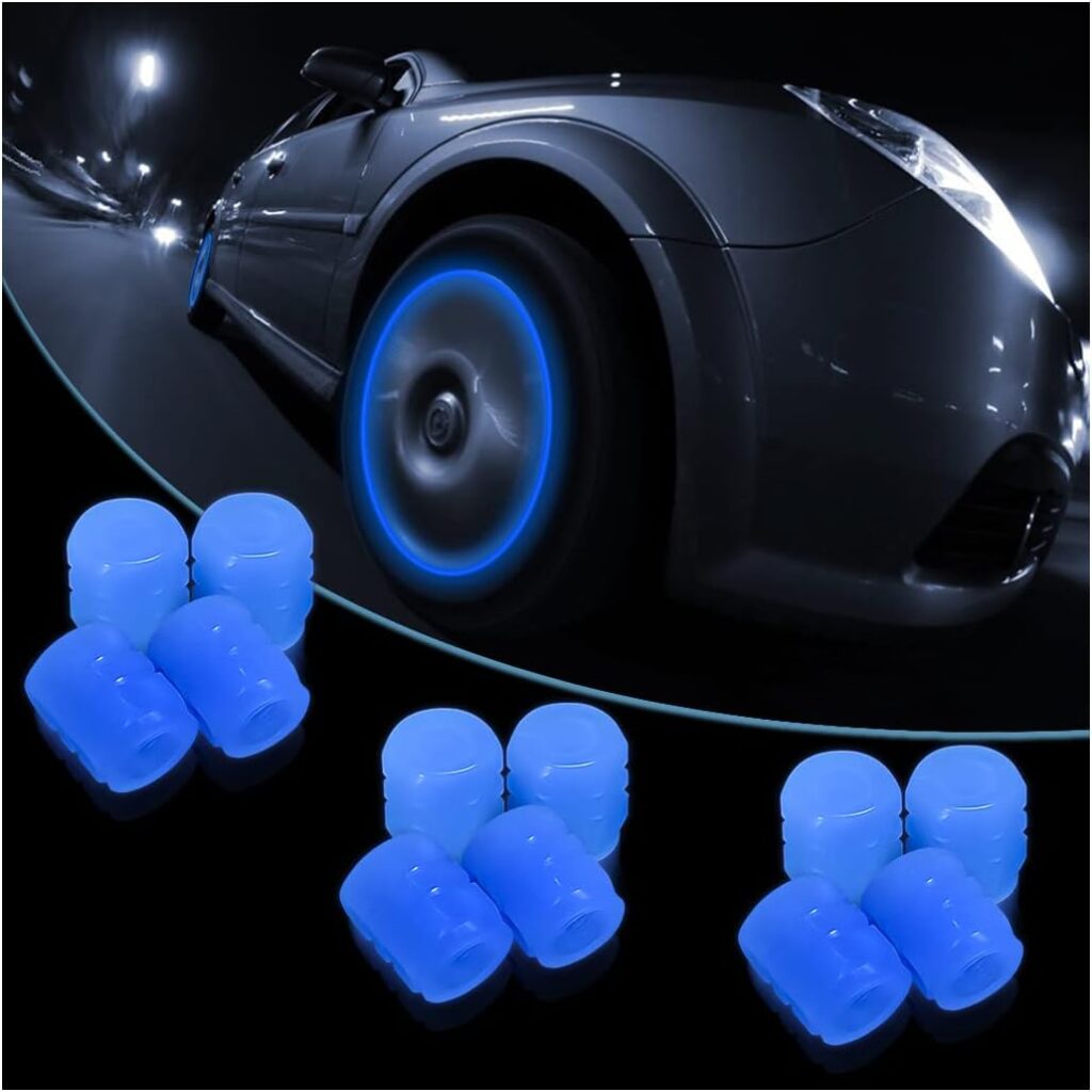 Luminous Tire Valve Stem Caps for Car, 12PCS Fluorescent Glow in The Dark Air Caps Cover, Illuminated Corrosion Resistant Tire Pressure Caps, Universal for Car, Truck, SUV, Motorcycles, Bike (Blue)