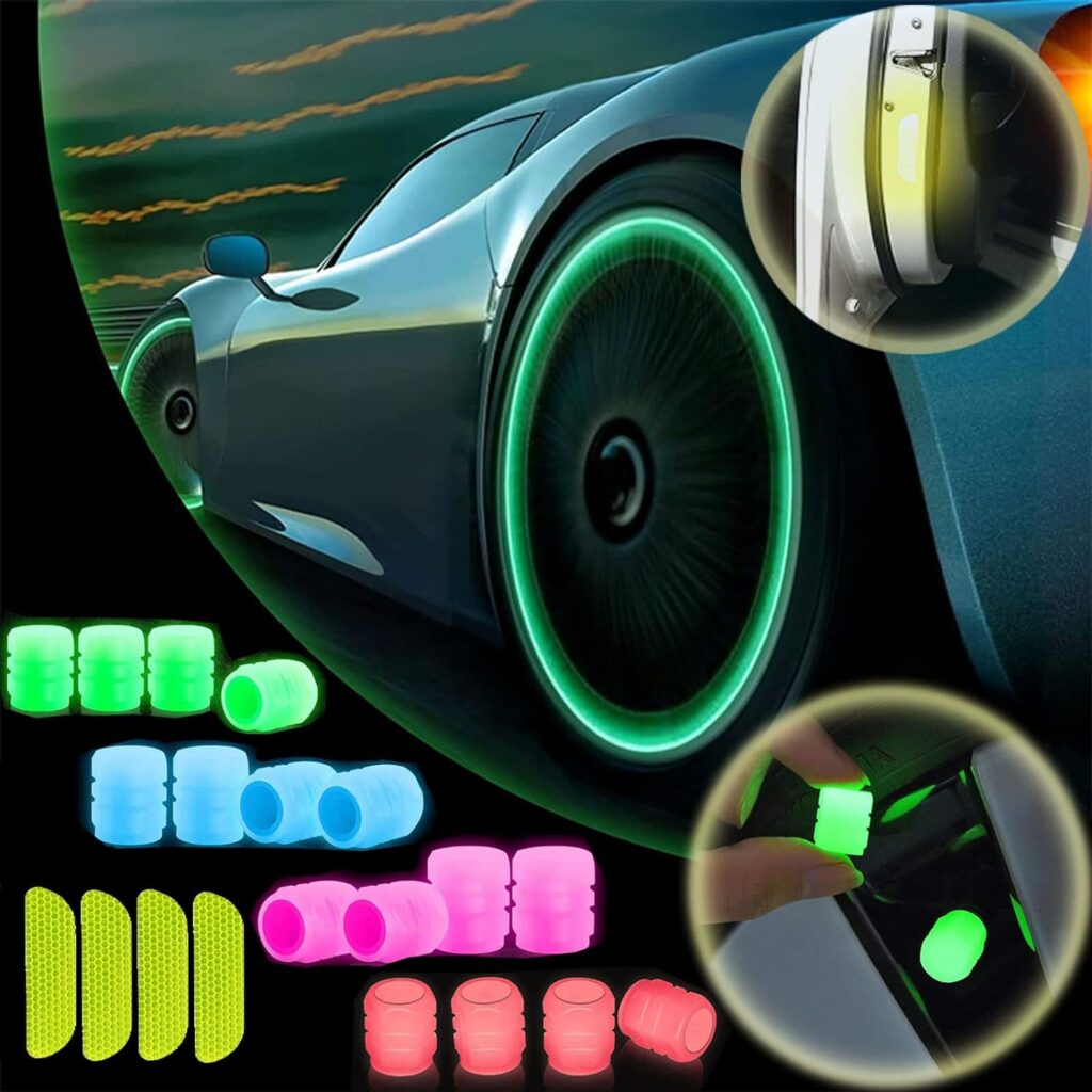 16 Pcs Fluorescent Car Tire Valve Caps, Universal Glow in The Dark Tire Caps with Reflective Stickers, Durable Luminous Tire Valve Stem Cap for Most Cars, SUVs, Trucks, Motorcycles and Bicycles