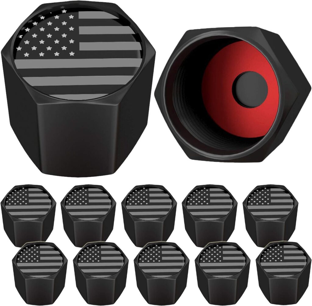 SAMIKIVA American Flag Tire Valve Stem Caps, USA with O Rubber Ring, Universal Stem Covers for Cars, SUVs, Bike, Bicycle, Trucks, Motorcycles, Airtight Heavy Duty (12 Pack) (Black Gray USA (12 Pack))