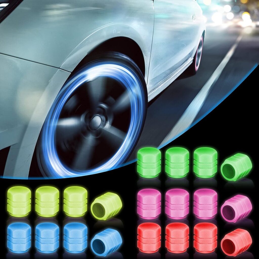 Tallew 20 Pcs Glow in The Dark Tire Valve Caps Fluorescent Stem Car Universal Air Cap Auto Covers Cars Motorcycles SUV Trucks Bikes Accessories, 5 Colors, Yellow,Blue,Green,Red,Pink