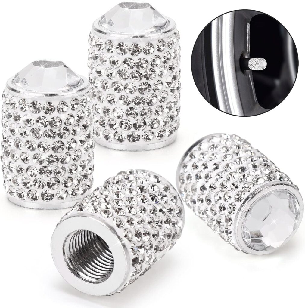 ToBeQueen Bling Tire Valve Caps, 4 Pack Handmade Crystal Rhinestone Tire Caps Universal Bling Car Accessories for Women Dustproof Bling Valve Stem Caps Cover for Car/SUV/Motorcycle/Bike(Silver)