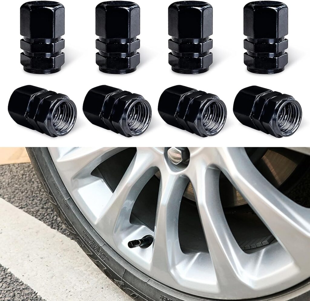 Ziciner 8 PCS Car Tire Valve Caps, Aluminum Alloy Wheel Valve Stem Covers with Rubber Ring, Corrosion Resistant Leak-Proof Tire Valve Cap Set, Universal for SUV, Truck, Motorcycle, Bike (Black)