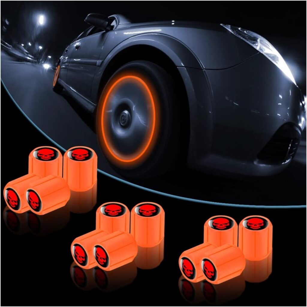 12PCS Fluorescent Skull Tire Valve Stem Caps, Car Corrosion Resistant Wheel Valve Cover, Luminous Illuminated Skull Glow in The Dark, Auto Decor Accessories for Motorcycles, SUV, Car (Orange)