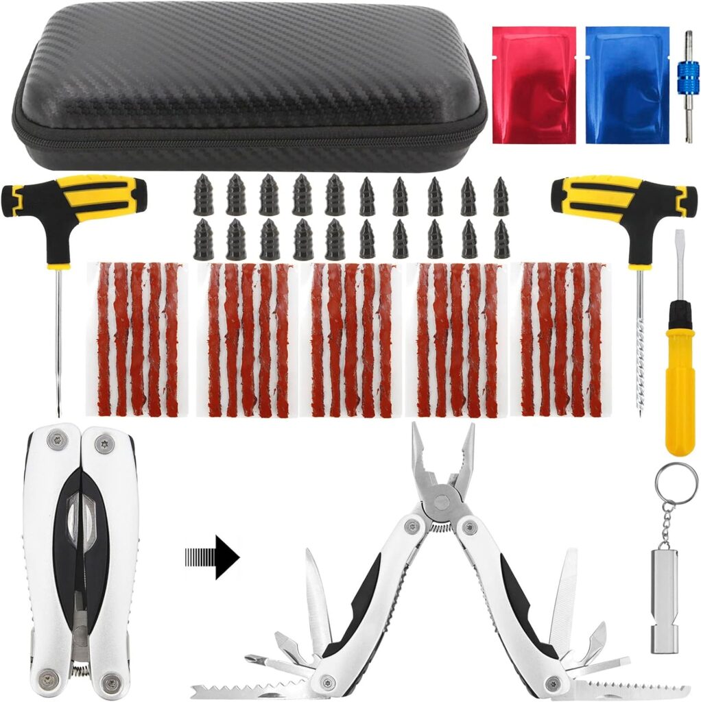 URMECCH 53PCS Auto Tire Repair Kit with 13 in 1 Multi Tool Pliers for Car, Truck, RV, SUV, ATV, Motorcycle, Tractor, Trailer, Flat Tubeless Tire Puncture Studding Plug Tool, Vacuum Film Rubber Nail