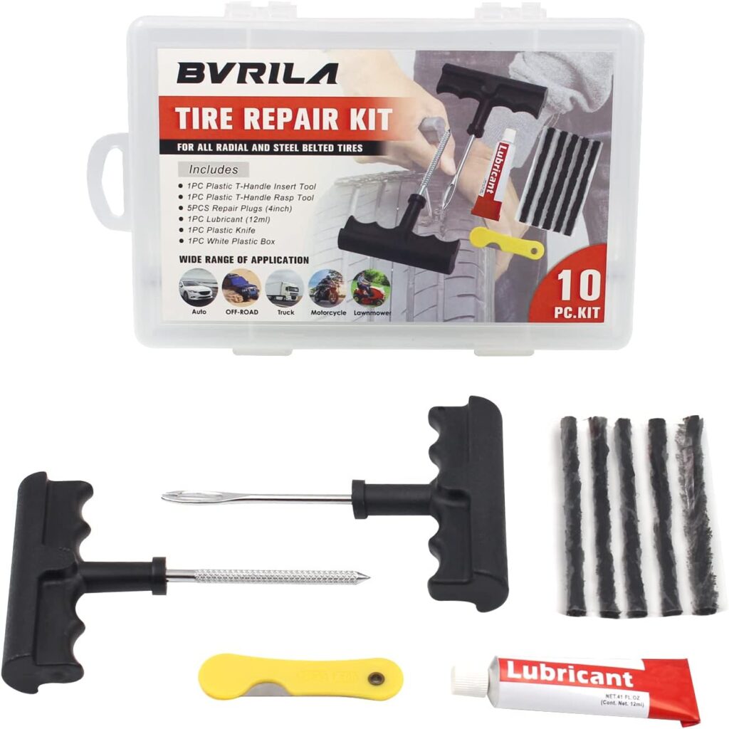 BVRILA Tire Repair Kit, Heavy Duty Tire Plug Kit for Flat Tire Puncture Repair, 10 Pcs Value Pack, Car Emergency Tool Kit fit for Autos, Cars, Motorcycles, Trucks, RVs