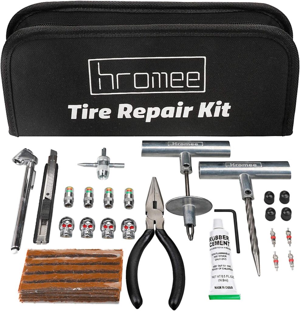 Hromee 56 Pieces Tire Repair Tools Kit for Car, Trucks, Motorcycle, ATV, RV Universal Emergency Flat Tire Puncture Repair Patch Set with Portable Bag